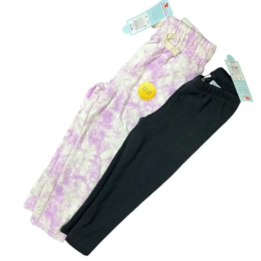 NEW Cat & Jack Toddler Girls Pant Bundle – Tie Dye Joggers + Black Leggings 3T